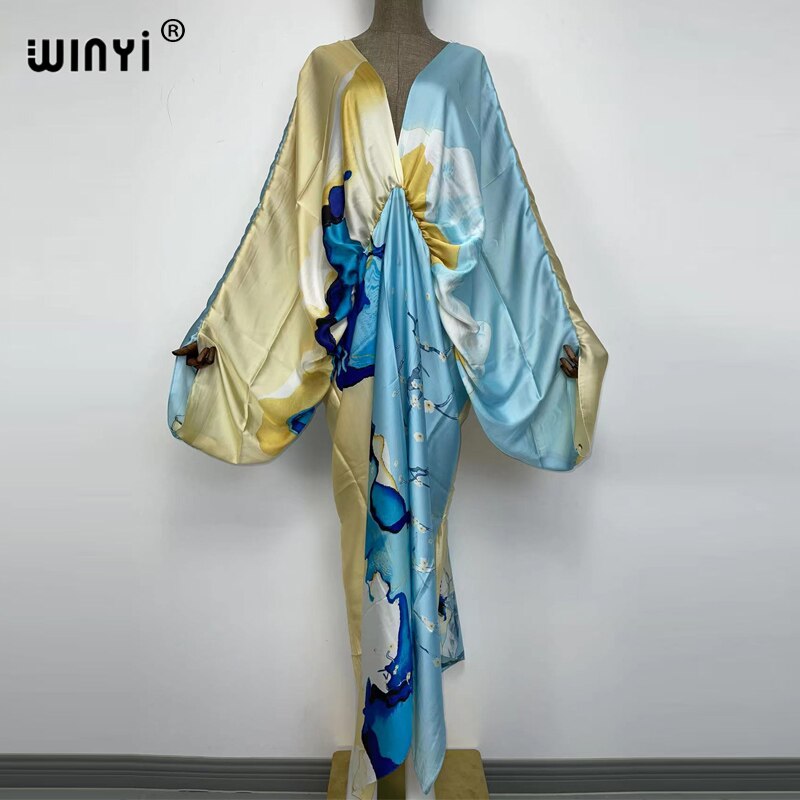 Sexy bech high-quality hand-rolled feel silk rayon fashion print 2024 WINYI Maxi Women's robes long beach V-neck Bohemian dress 6 One Size