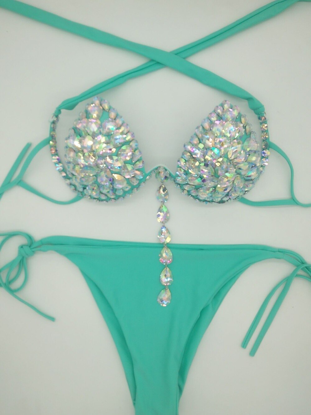 Sexy Gathered Crystal Diamond Bikini Luxury Rhinestone Women's Swimsuit Push Up Halter Straps Triangle Bathing Suit Lake Blue