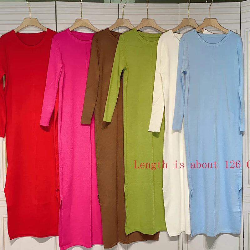 2024 Casual Midi Knit Dress Women's O-neck Long Sleeve Split Straight Dresses 2023 New Autumn Pure Color Knit Vestidos