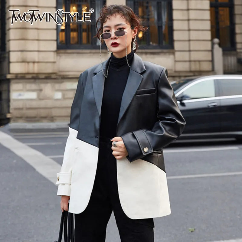 Korean Hit Color PU Leather Jacket For Women Notched Long Sleeve Patchwork Casual Blazers Female Fashion New Fall