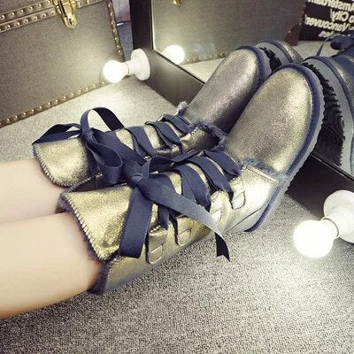 Waterproof High Boots Lace Up 2024 Woman Winter Snow Boots Women's Shoes Thick Plush Genuine Leather Winter Women's Snow Boots blue as pic