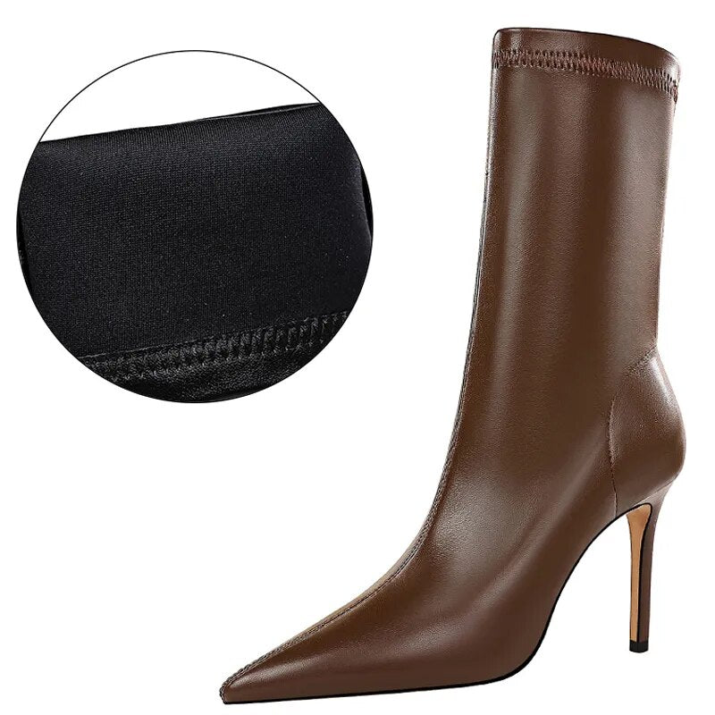 Shoes Leather Boots Women Ankle Boots Autumn Winter Boots Women High Heels Short Boots Ladies Booties Chaussures Femme Dark brown