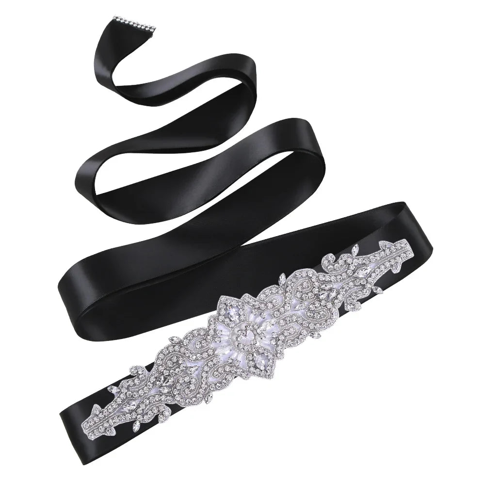 TOPQUEEN S26 Luxury Rhinestones Wedding Dresses Belt Women Crystal Applique Decoration Sparkly for Bride Waistband Bridal Sash Black ribbon