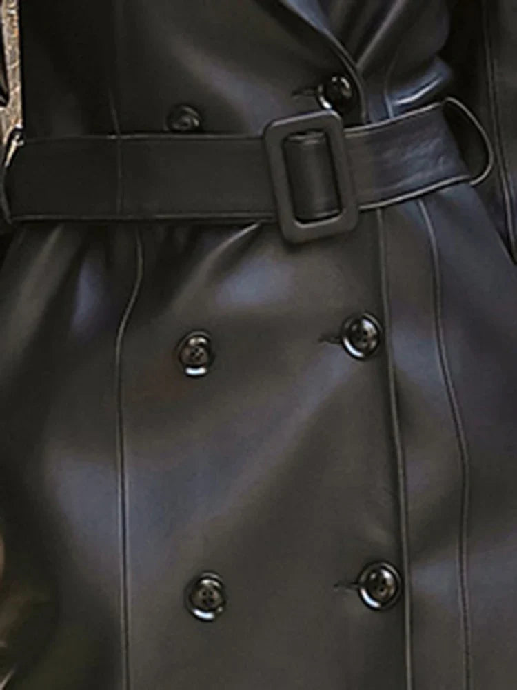 Autumn Black Waterproof Pu Leather Trench Coat for Women Long Sleeve Belt Double Breasted Autumn Designer Fashion