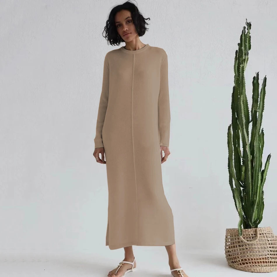 2024 Casual Midi Knit Dress Women's O-neck Long Sleeve Split Straight Dresses 2023 New Autumn Pure Color Knit Vestidos Ivory