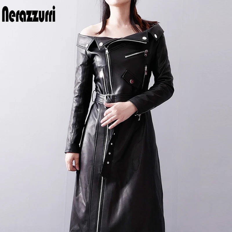 Spring autumn maxi dresses for women slash neck Red black pu leather dress women long sleeve runway Elegant dress Black