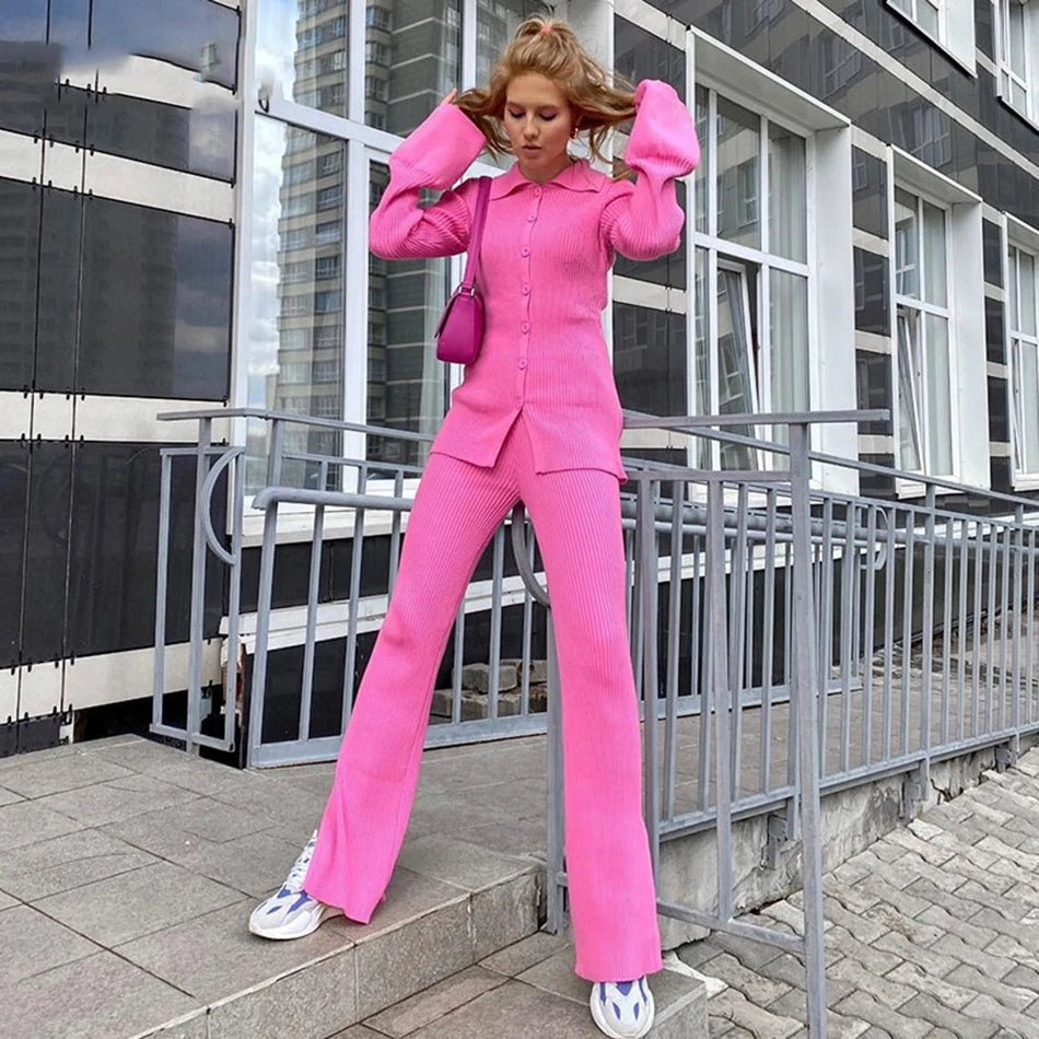 2024 Fashion Slim Knit Pants Set Lapel Flare Long Sleeve Single Breasted Cardigan Sweater & Trousers Two-Piece Set