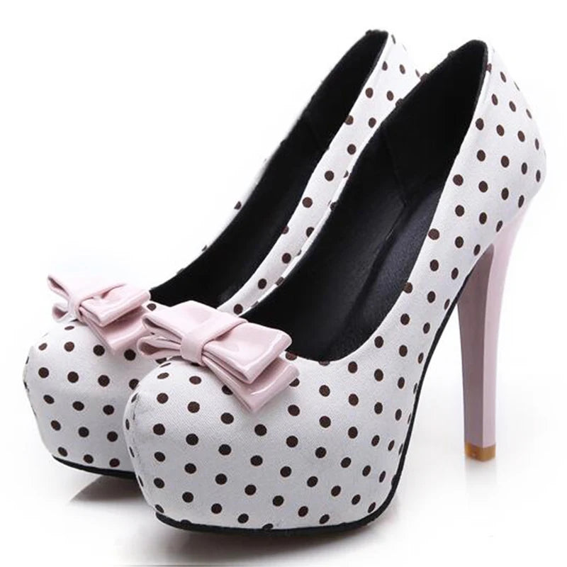2021 Spring Autumn New Women's Pumps Sweet Bow Polka Dot High-Heeled Single Shoes Round Toe Thin Heels Plus Size Women Shoes As Picture Shown