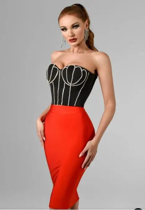 Red Black Ladies HL Bandage Dress Strapless Sexy 2 Pieces Bodycon Mini Dress Off the Shoulder Girls' Birthday Party Dress