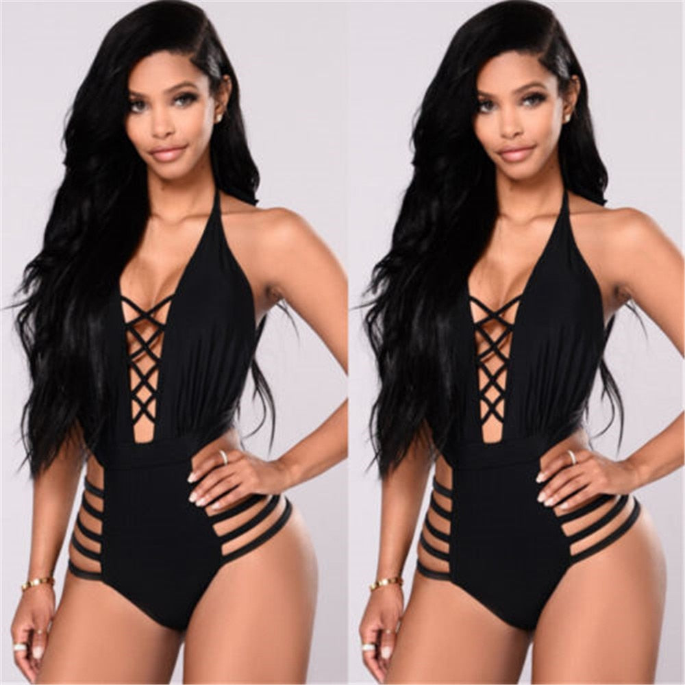 Sexy Fashion Womens One-piece Bandage Swimsuit Swimwear Push Up Monokini Bathing Suit Bikini Black