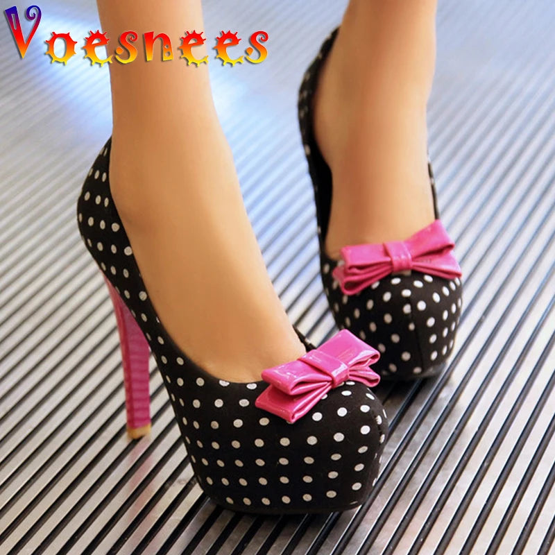 2021 Spring Autumn New Women's Pumps Sweet Bow Polka Dot High-Heeled Single Shoes Round Toe Thin Heels Plus Size Women Shoes