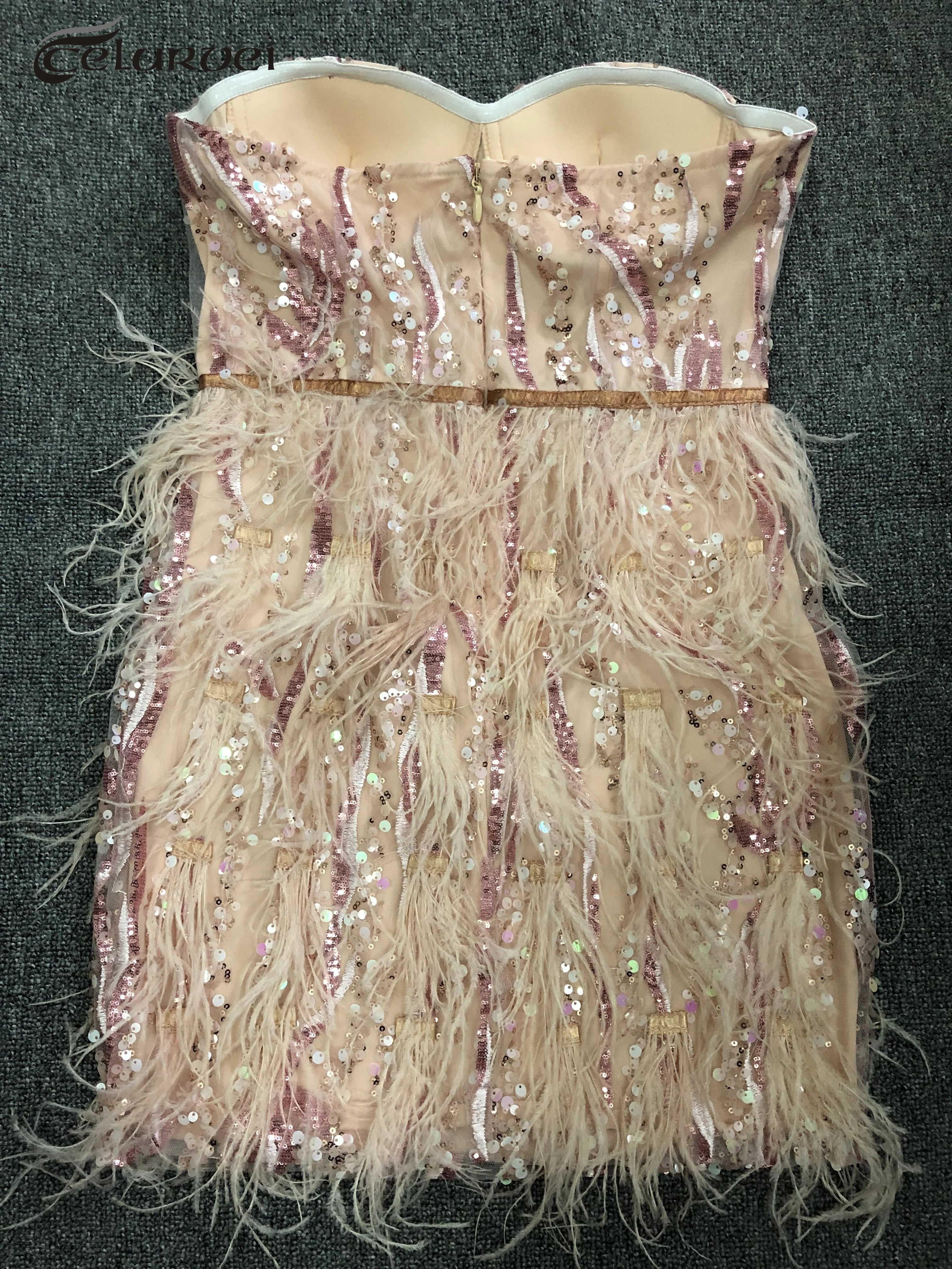 Pink Sequin Feather Mini Dress Fashion Strapless Night Club Party Bodycon Dress Vestidos