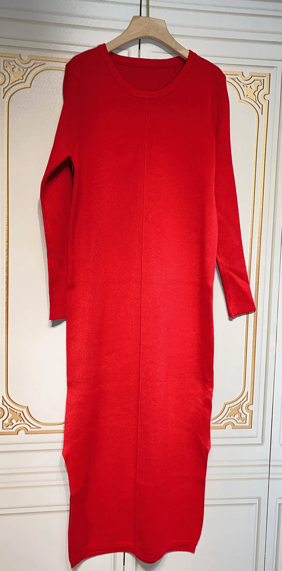 2024 Casual Midi Knit Dress Women's O-neck Long Sleeve Split Straight Dresses 2023 New Autumn Pure Color Knit Vestidos Red