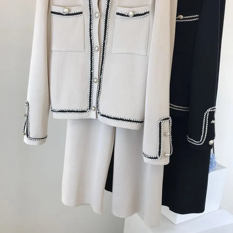 Runway Fall Korean Women's Double Pocket Stripe Desgin Knitted Cardigan Top Coat + High Waist Wide Leg Pants Two Piece Set