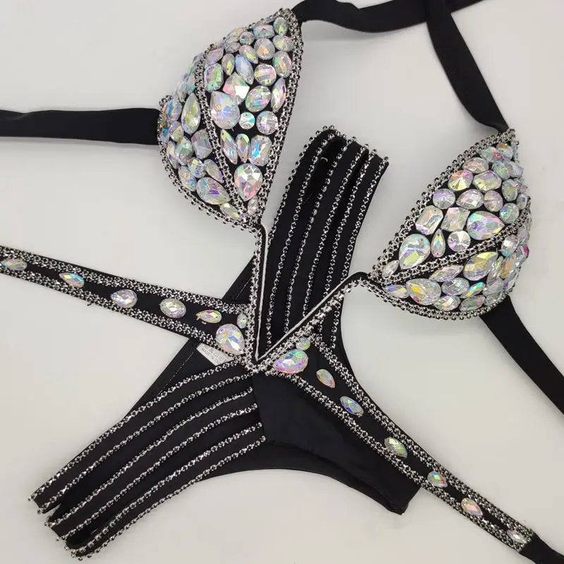 2020 venus vacation V collar rhinestone swimwear daimond bikini set push up swimsuit bling stones bathing suit Black