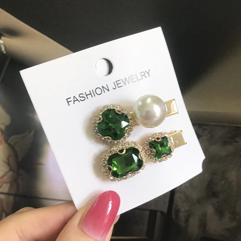 Set Women Hair Clips Jewelry Fashion Crystal Hair Accessories For Girls Luxury Pearl Geometric Barrettes Pins Christmas Gift 2pcs-green 2