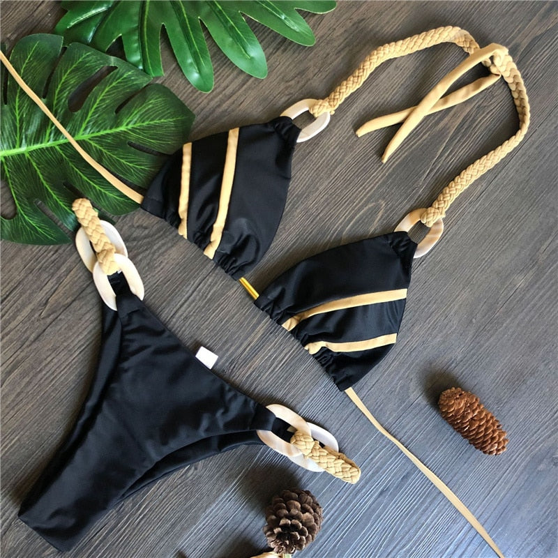 Weave triangle swimsuit lady biquinis Brazilian women bikini ring sexy bathing suit 2024 two pieces suits Halter micro swimwear