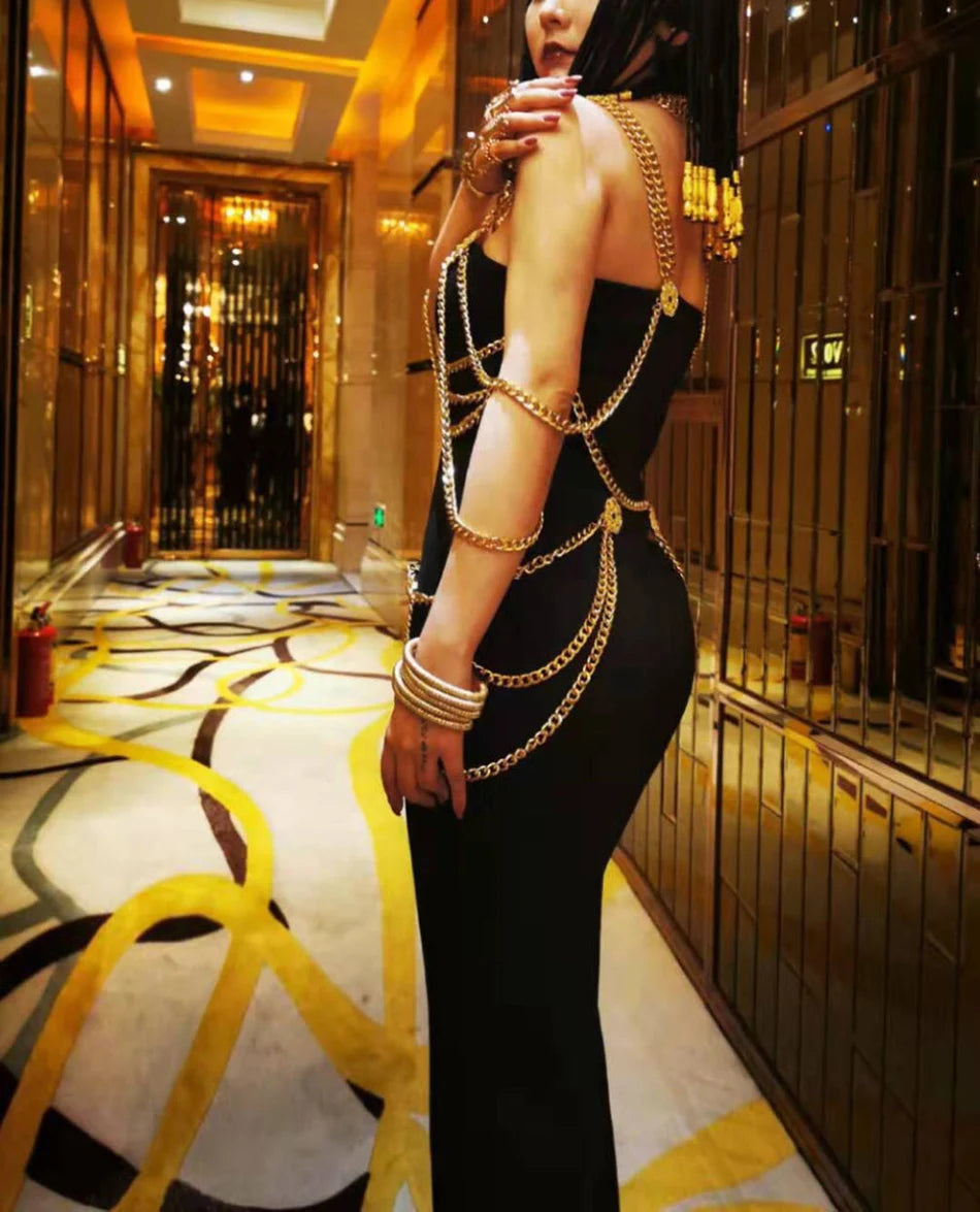 Runway Fashion Maxi Long Bandage Dress Open Fork Chains Strap Fashion Beading Bandage Dress Cocktail Party Bodycon Dresses 2025