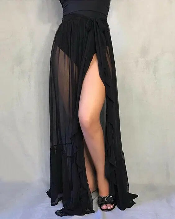 2021 New Hot Summer Women's Mesh Sheer Polka Dot Long Split Skirts Sexy Beach Sunscreen Bikini Cover Up Wrap Skirt 3 One Size