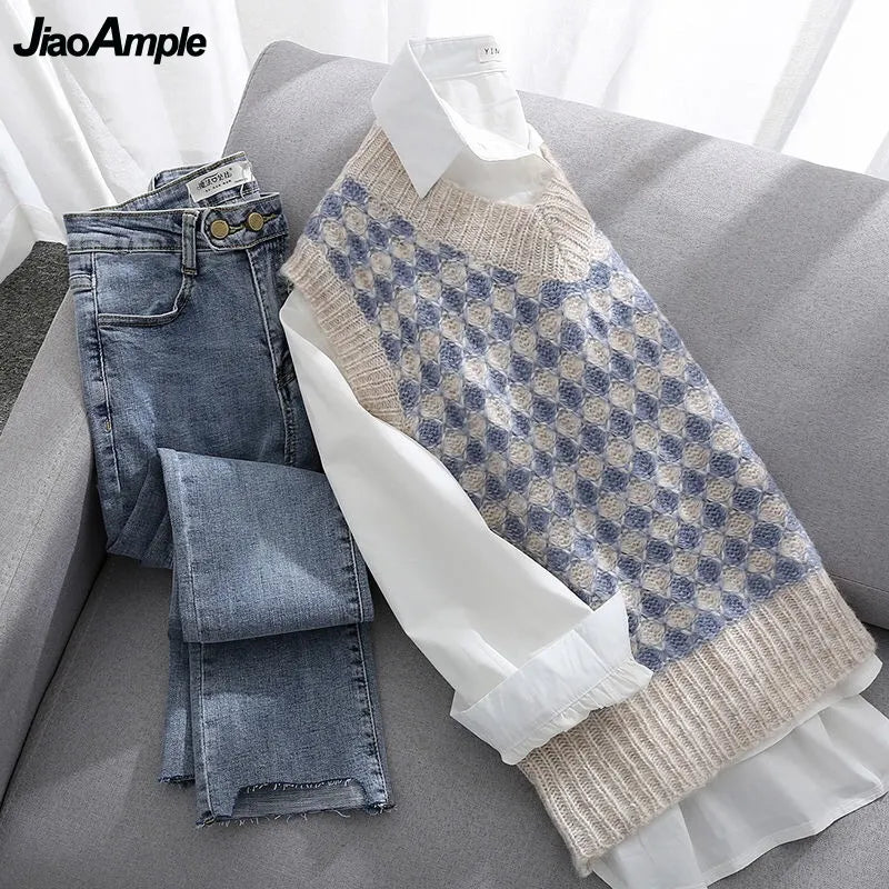Women's Spring Autumn Fashion 3 Pieces Outfits 2024 Student Korean Casual Shirts+Sweater Vest+Straight Jeans Set Lady Streetwear