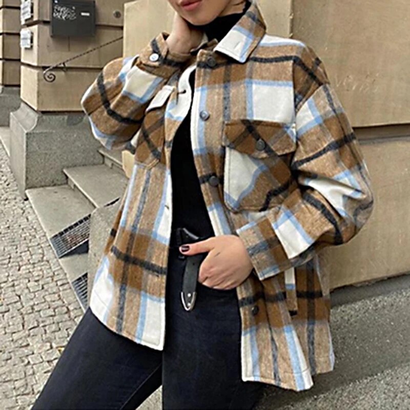 TEELYNN Long Sleeve Overshirt Women Coats 2024 Vintage Green Plaid Autumn Winter Warm Jacket Boho Casual Oversized Outwear Coat