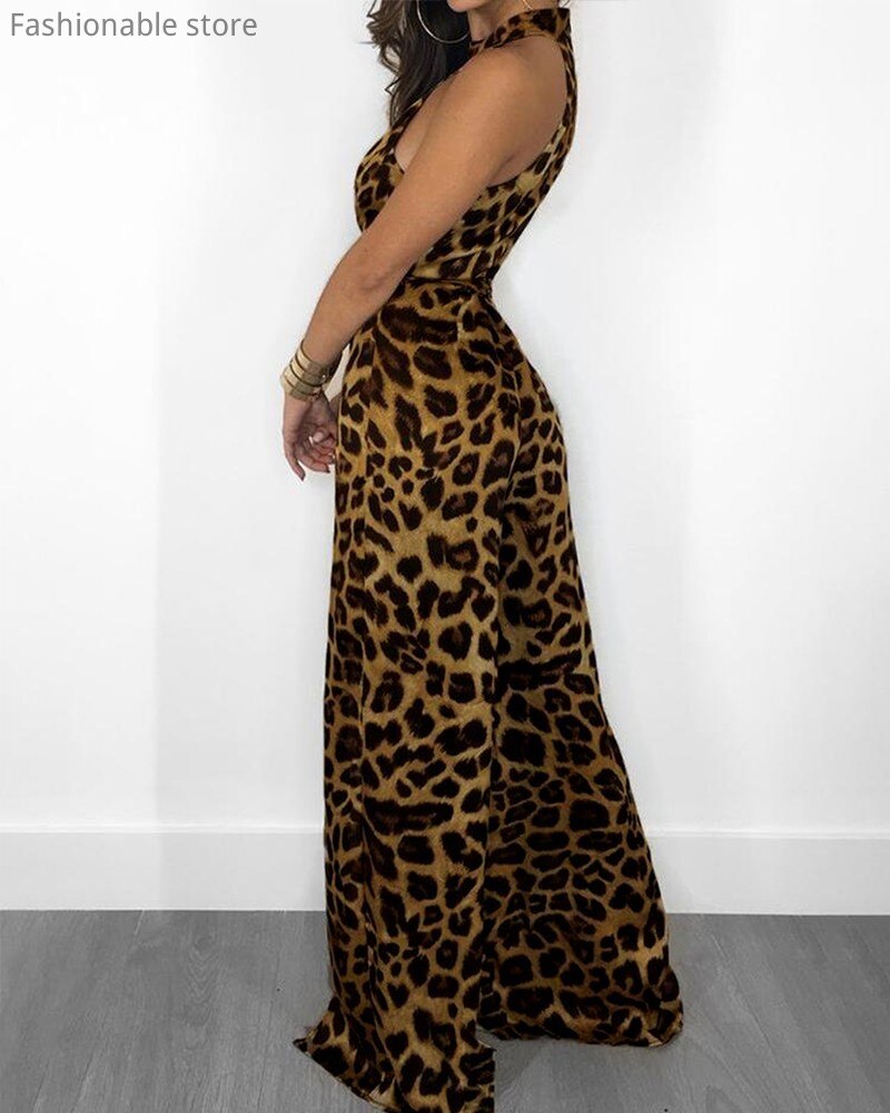 Summer Leopard Print Sleeveless Slit Leg Jumpsuit