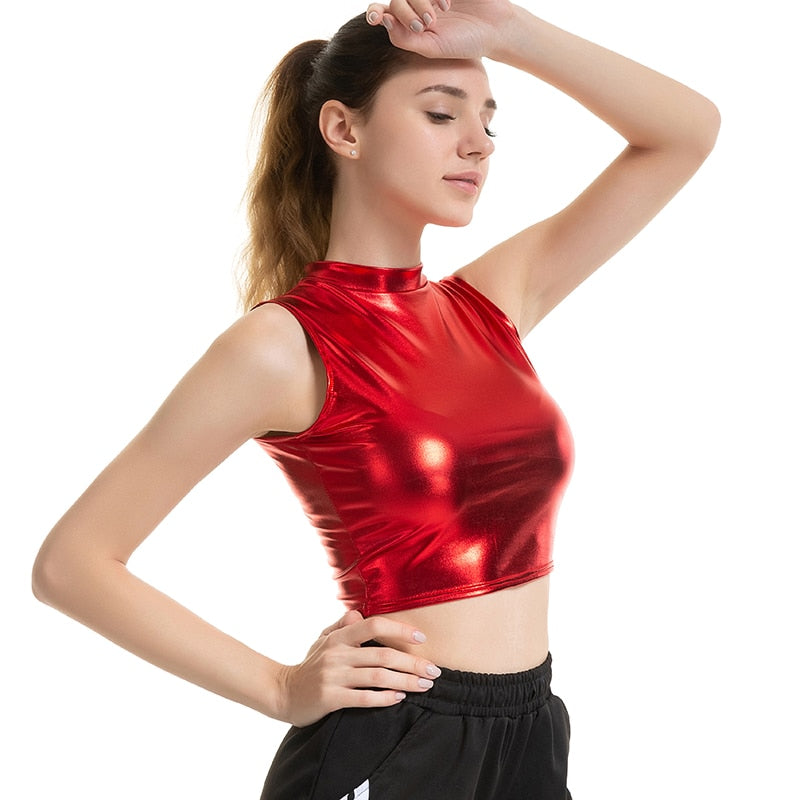 Haut court en cuir brillant pour femmes, gilet sans manches, débardeur de sport, or argent brillant, vêtements colorés vert rouge