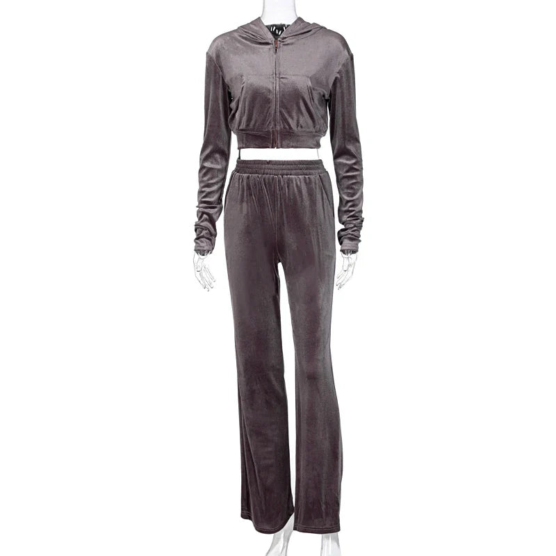 Dulzura Velvet Women 3 Piece Set Hoodie Sweatshirt Zipper Tube Crop Top High Waist Wide Leg Pants Tracksuit Sporty Casual Outfit Coffee