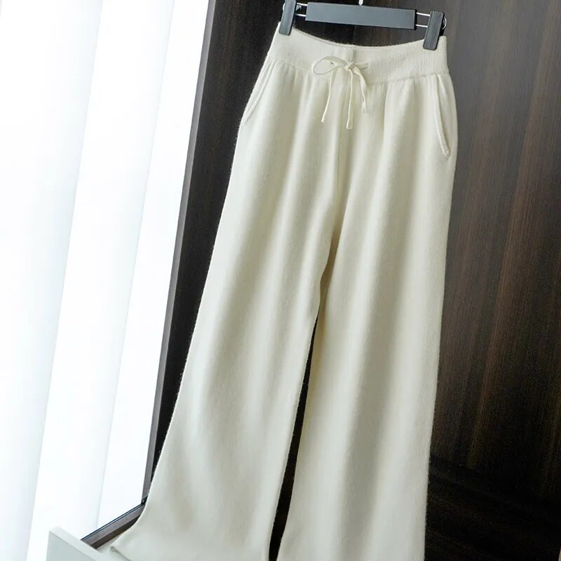 Women Pants 100% Australian Wool Knitted Wide Leg Pant 2021 Winter New Fashion Warm Long Trousers Pure Woolen Female Leggings White