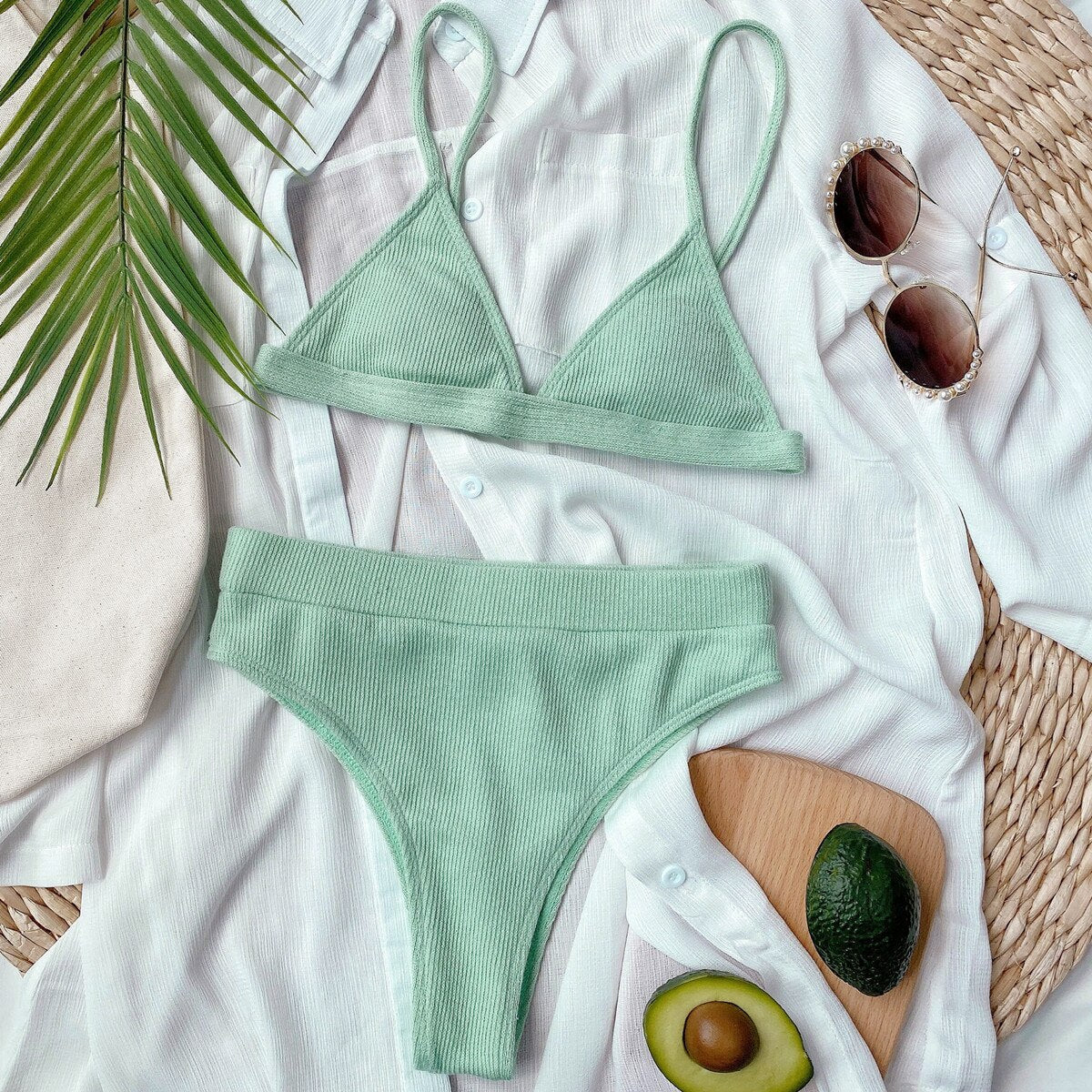 RUUHEE 2024 Bikini Swimwear Swimsuit Women Solid Bathing Suit Green Neno Bikini Set With Pad Female High Waist Beachwear Biquini B4326GR