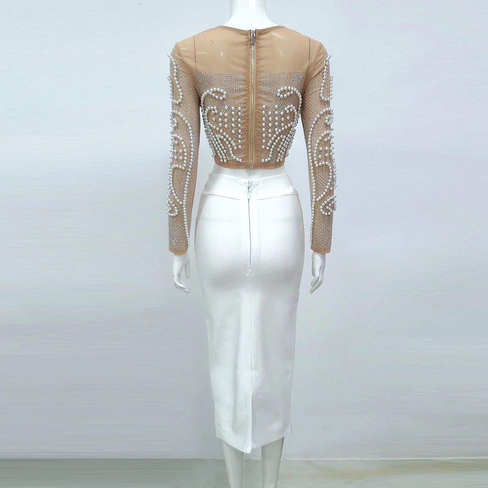 Top Celebrity Black White Two Pieces Set Pearl Beading Hollow Out Rayon Bandage Dress Party Fashion Dress Vestidos