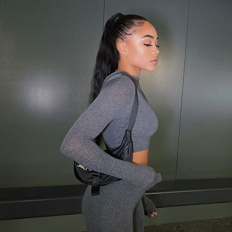 Two Piece Sets Women Solid Autumn Tracksuits High Waist Stretchy Sportswear Hot Crop Tops And Leggings Matching Outfits Dark Grey