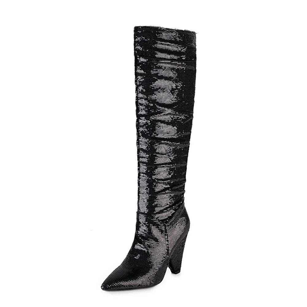 Slouch Wrinkle Women Boots Colorful Pointed Toe Thick Heels Folds Boots Woman Fashion Bling Leather Knee High Boots Winter Shoes Black