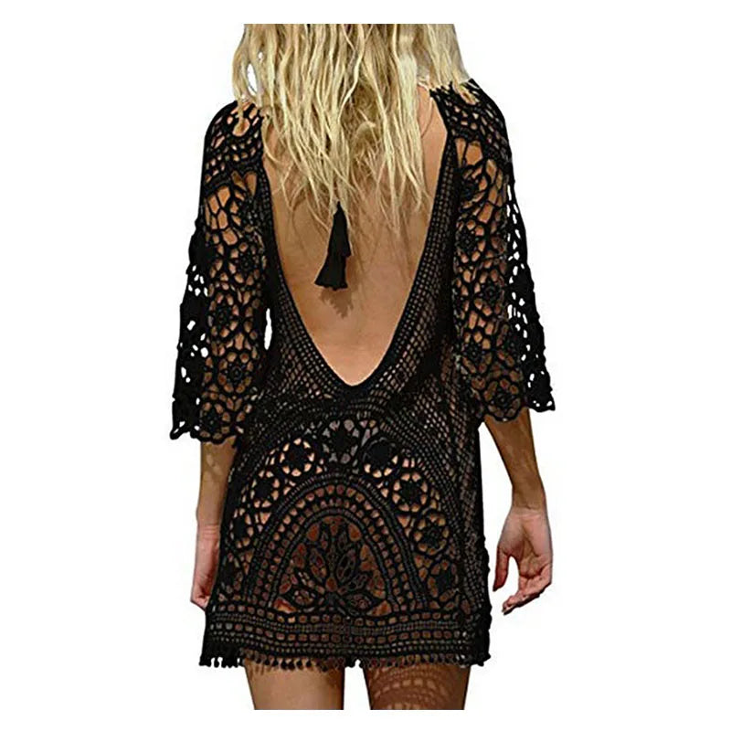Sexy Women’s Bathing Suit Cover Up Crochet Lace Bikini Bathing Suit Swimsuit Smock Knitting Swimwear Mesh Beach Dress Tunic Robe black One Size