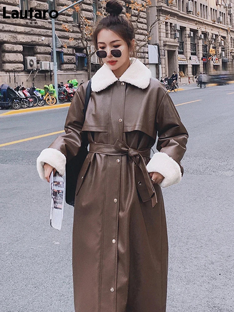 Winter Long Warm Thick Leather Trench Coat for Women with Faux Fur Inside Belt Loose Korean Fashion 2021 Fur Lined Parka