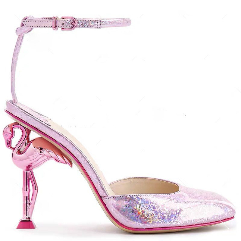 Womens Pointy Toe Genuine Leather Strange Irregular High Flamingo Heel Slingbacks Pumps Sandals Shoes Plus Sz 5Colors Bling Hot Pink