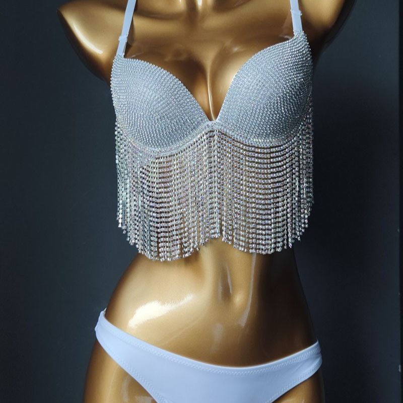 Sexy Women's Swimwear Rhinestone Bikini Crystal Diamond Push Up Swimsuit Tassels Jewelry Bathing Suits