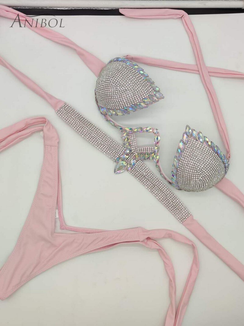 Push Up Triangle Bikini Luxury Rhinestone Women's Swimwear Crystal Diamond Sexy Gathered Swimsuit