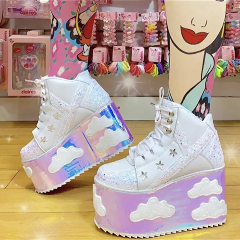 Colorful clouds Platform Shoes For Woman Punk Style Lace-up High Heel Wedges Shoes Sweet Women Ankle Boots For Mujer Shoes 2025