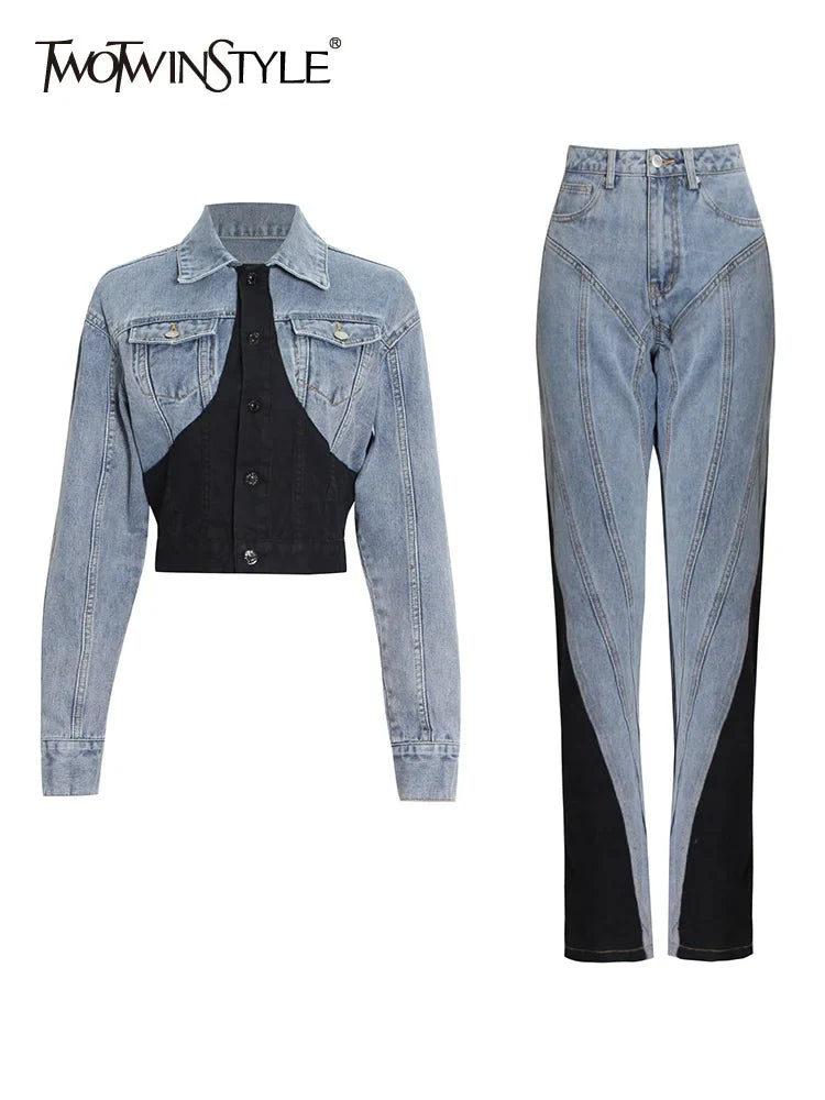 Hit Color Patchwork Denim Two Piece Sets Women Long Sleeve Coat Jacket Female High Waist Pencil Pants Jeans 2022