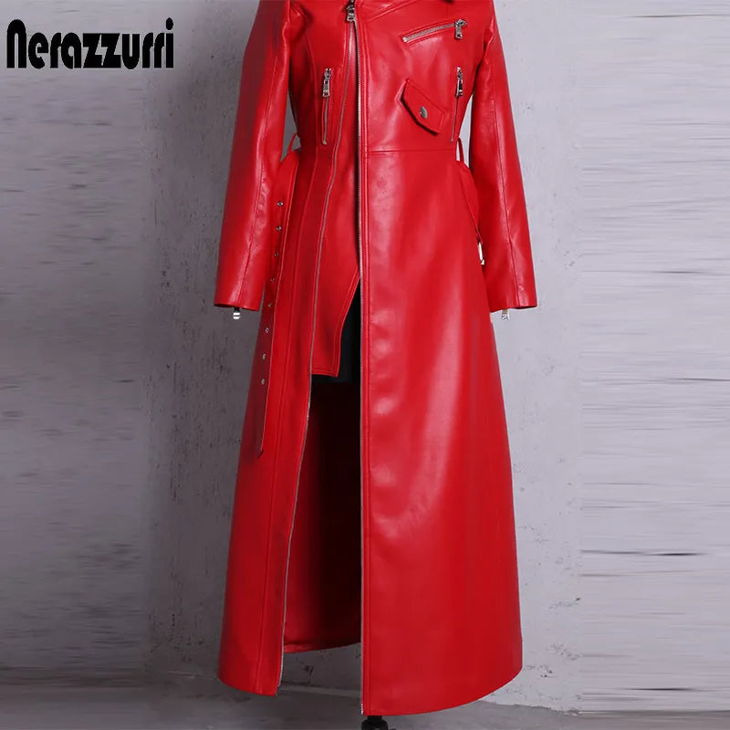 Spring autumn maxi dresses for women slash neck Red black pu leather dress women long sleeve runway Elegant dress