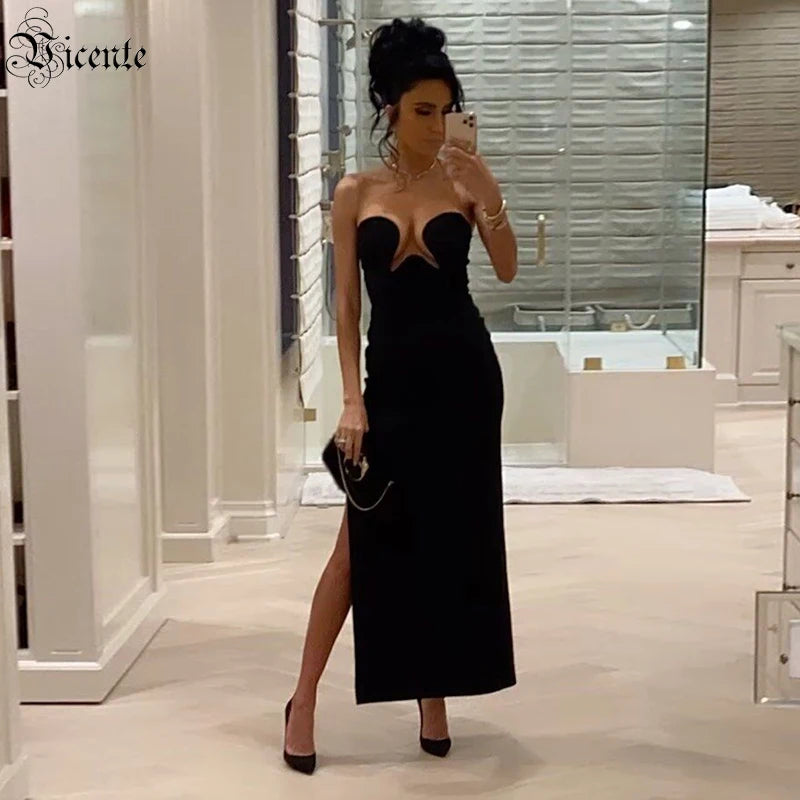 Black Long Dresses for Women Sexy Strapless Sleeveless Side Split Celebrity Party Club Bandage Maxi Gown