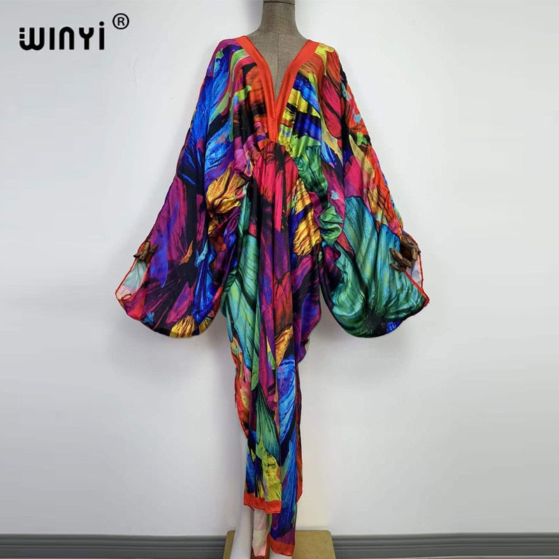 Sexy bech high-quality hand-rolled feel silk rayon fashion print 2024 WINYI Maxi Women's robes long beach V-neck Bohemian dress 22 One Size