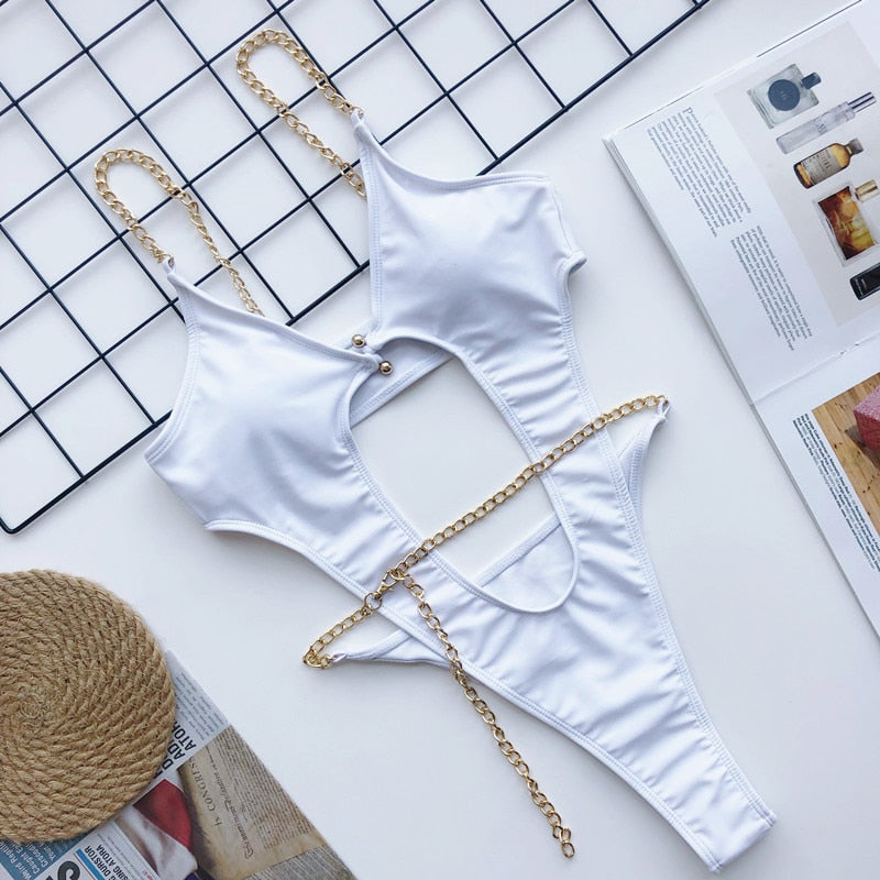 Sexy One Piece Swimwear Swimsuit Hollow Out Bathing Suit Metal Chain Bikini High Cut Thong Women Biquini Swimsuit