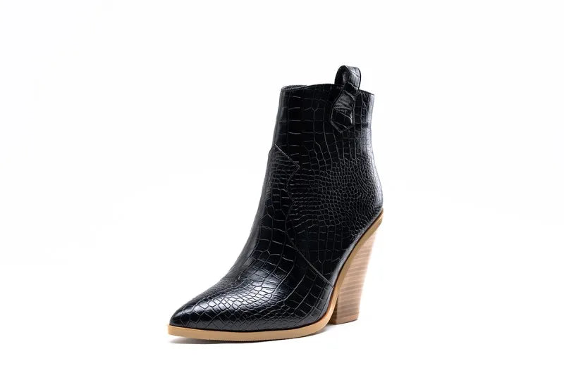 MStacchi Gold Snake Print Ankle Boots For Women Wedge High Heels Boots Woman Runway Design Chunky Heels Botas Mujer Western boot black 2