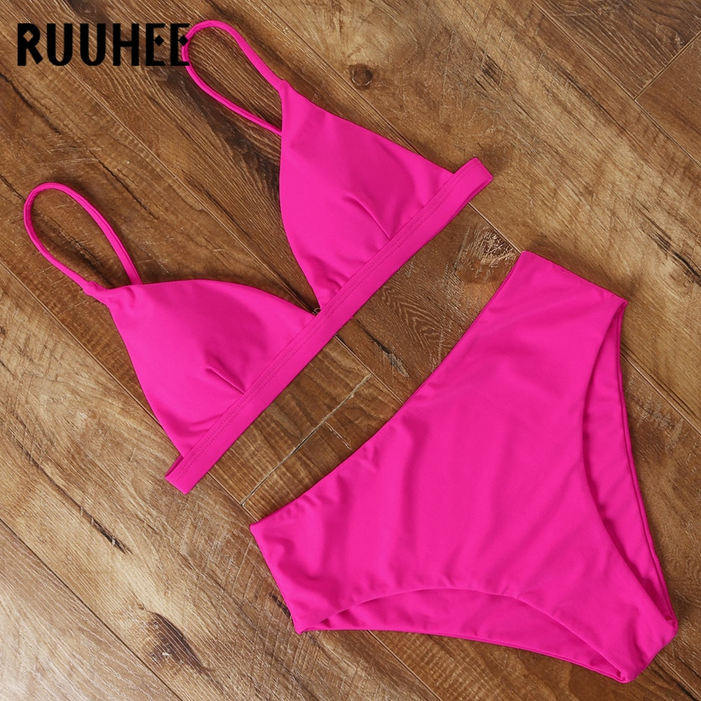 RUUHEE 2024 Bikini Swimwear Swimsuit Women Solid Bathing Suit Green Neno Bikini Set With Pad Female High Waist Beachwear Biquini