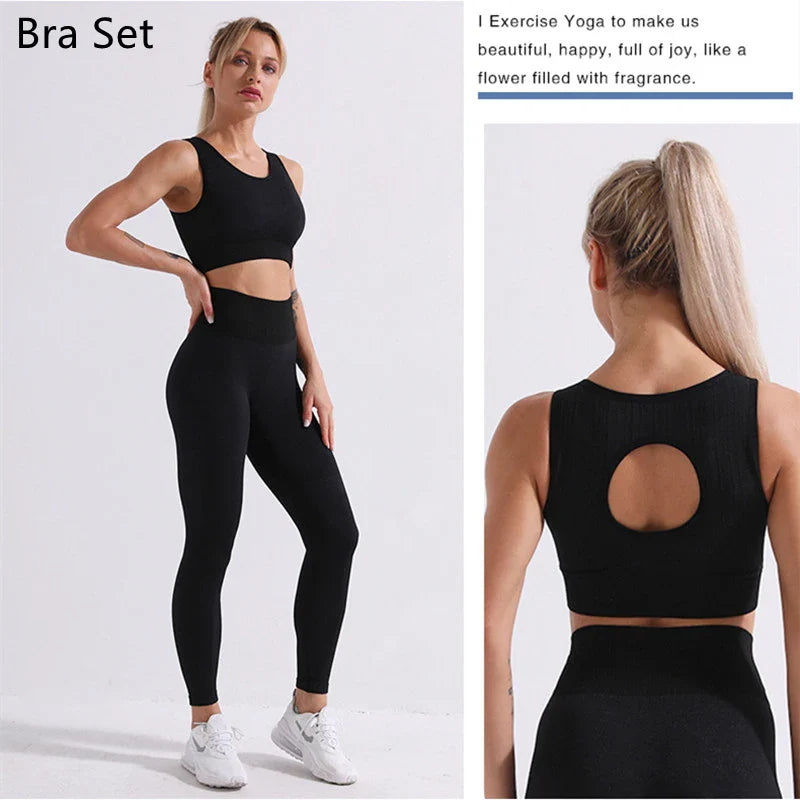 Rid Seamless Yoga Set Women 2pcs Two Piece Long Sleeve Crop Top T-Shirt Leggings Outfit Clothes Gym Wear Fitness Suit Sport Sets Black Bra Set