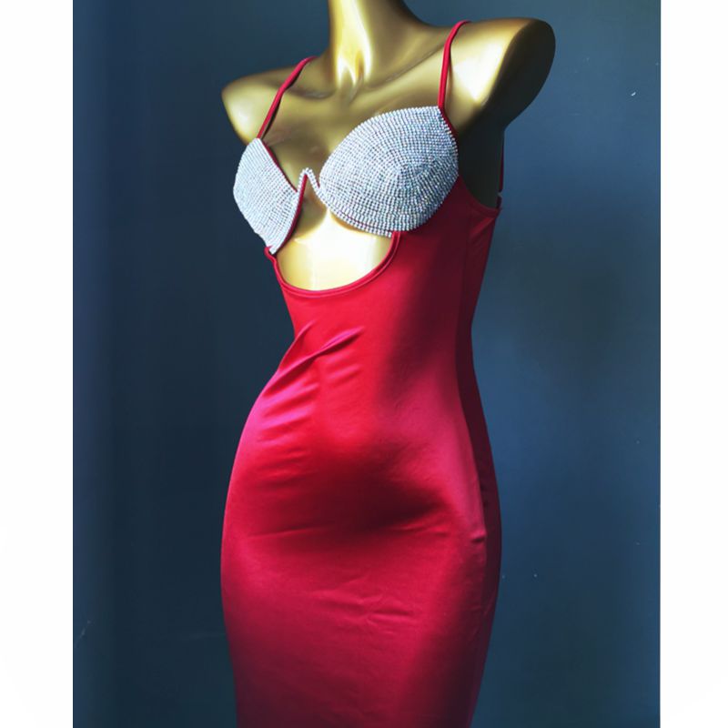 Robe Push Up Sexy pour femmes, jupe à bretelles en strass faite à la main, robe de soirée élégante et Slim