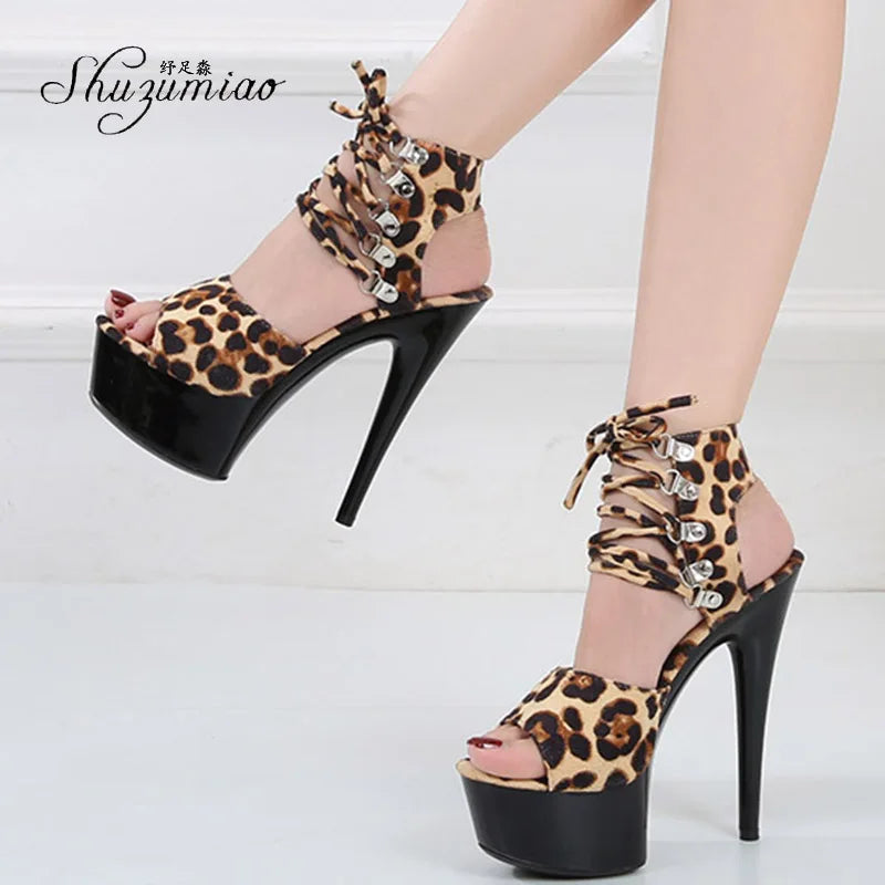 Fashion Shoes Women Stripper Shoes Platform Sandals Girls Leopard Clear High Heels Shoes Strap Sandal Femmes Sandales