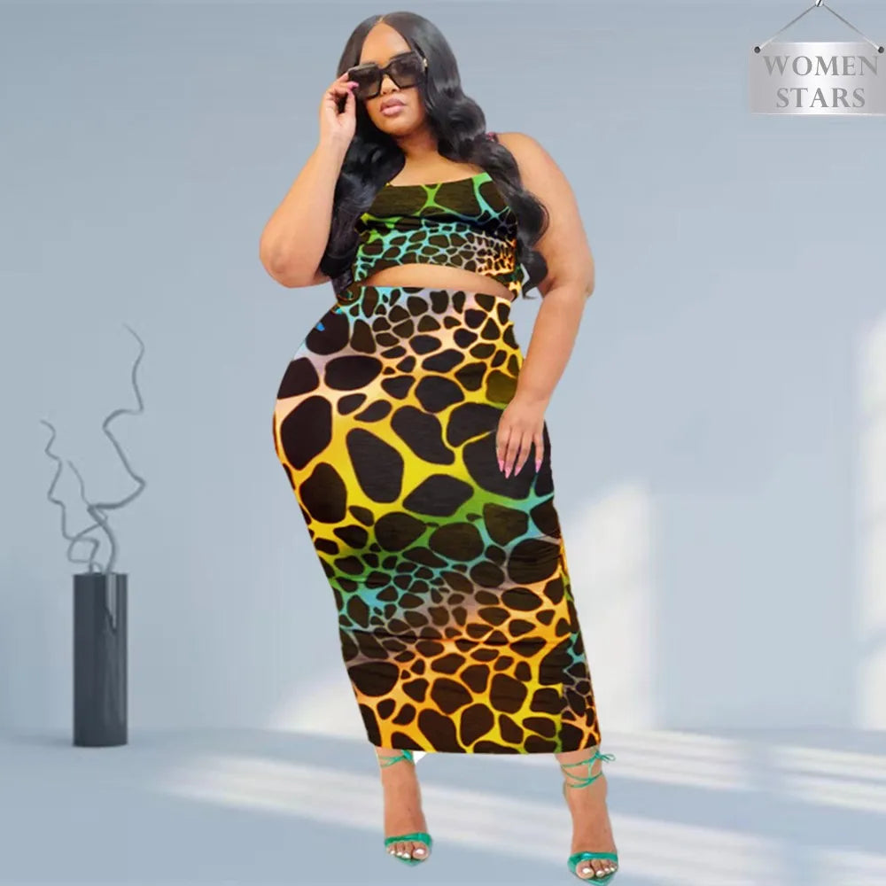 Plus Size Skirts Sets Women Wholesale Print Bodycon Fashion Square Collar Tops Maxi Skirt Casual New Two Piece Suit Dropshipping